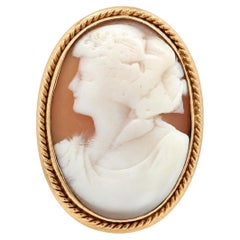 10k Gold Carved Large Elongated Oval Hardstone Cameo Twisted Wire Frame Ring