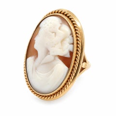10k Gold Carved Large Elongated Oval Hardstone Cameo Twisted Wire Frame Ring