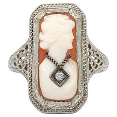 Antique Art Deco White Gold Shell Cameo Lady Portrait Diamond Filigree Ring