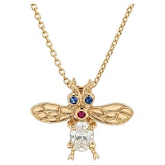 Vintage Solid Gold Oval Diamond Body Bee Fly Pendant Adjustable Chain Necklace