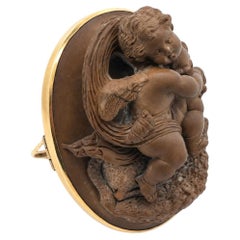 Large Vintage Gold Cameo Volcano Lava Stone Winged Cherub Ram or Lamb Pin Brooch
