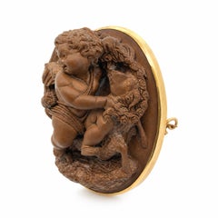 Large Vintage Gold Cameo Volcano Lava Stone Winged Cherub Ram or Lamb Pin Brooch