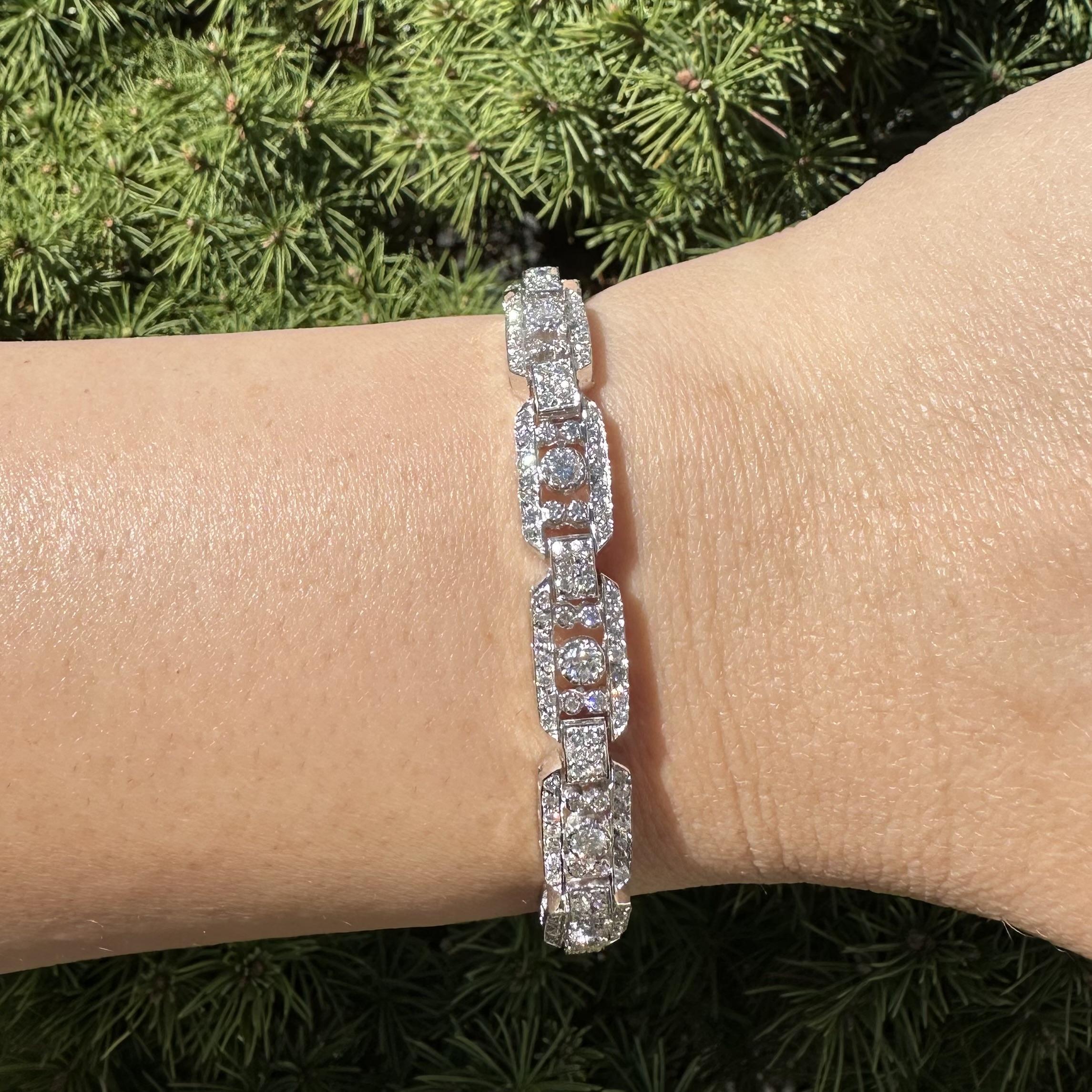 White Rounded Diamond 14k White Gold 3.60ctw Round Diamond Covered Geometric Link Bracelet ...