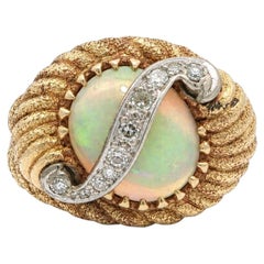 Heavy Yellow Gold Fiery Australian Opal w/ Diamond Scroll Textured Ring