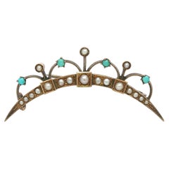 Antique Victorian 15ct Gold Seed Pears & Turquoise Crescent Tiara Pin Brooch
