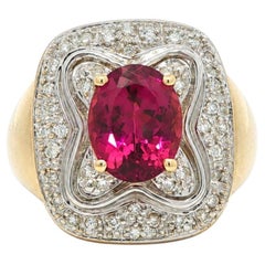 18k Solid Gold GIA 3.31ctw Vivid Pink Tourmaline Rubellite Diamond Heavy Ring
