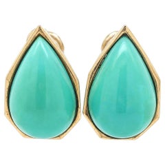 Vintage Yellow Gold Robin's Egg Turquoise Tear Drop Geometric Frame Earrings