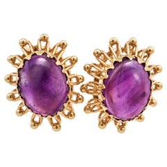 Vintage Mid Century 14k Yellow Gold Large Oval Cabochon Amethyst Stud Earrings