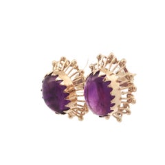 Vintage Mid Century 14k Yellow Gold Large Oval Cabochon Amethyst Stud Earrings