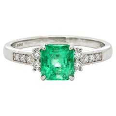 Platinum 1.12ctw Square Bright Green Emerald w/ Diamond Dainty Ring