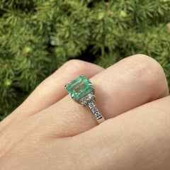 Platinum 1.12ctw Square Bright Green Emerald w/ Diamond Dainty Ring