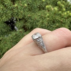 Antique Edwardian Platinum 0.76ctw Old Diamond Filigree Engraved Work Ring