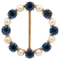 Vintage Yellow Gold 1.20ctw GIA Yogo Gulch Sapphire & Pearl Round Pin Brooch