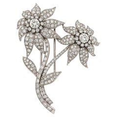 Vintage Mid Century Platinum Old Diamond 14.07ctw Large Twin Flower Pin Brooch