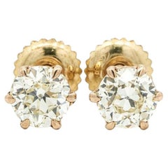 Antique Gold 1.16ctw Fiery Old European Diamond 6 Prongs Classic Stud Earrings