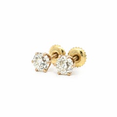 Antique Gold 1.16ctw Fiery Old European Diamond 6 Prongs Classic Stud Earrings