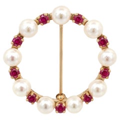 Vintage 14k Yellow Gold GIA .55ctw No Heat Ruby & Pearl Circle Wreath Pin Brooch
