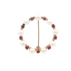 Vintage 14k Yellow Gold GIA .55ctw No Heat Ruby & Pearl Circle Wreath Pin Brooch