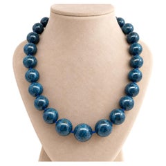 17" Large Round Blue Bead Sodalite Necklace w/ Magnetic Textured Silver Clasp