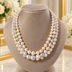 Antique Paste Silver Clasp Gray & Creamy Pearl 3 Strand Necklace