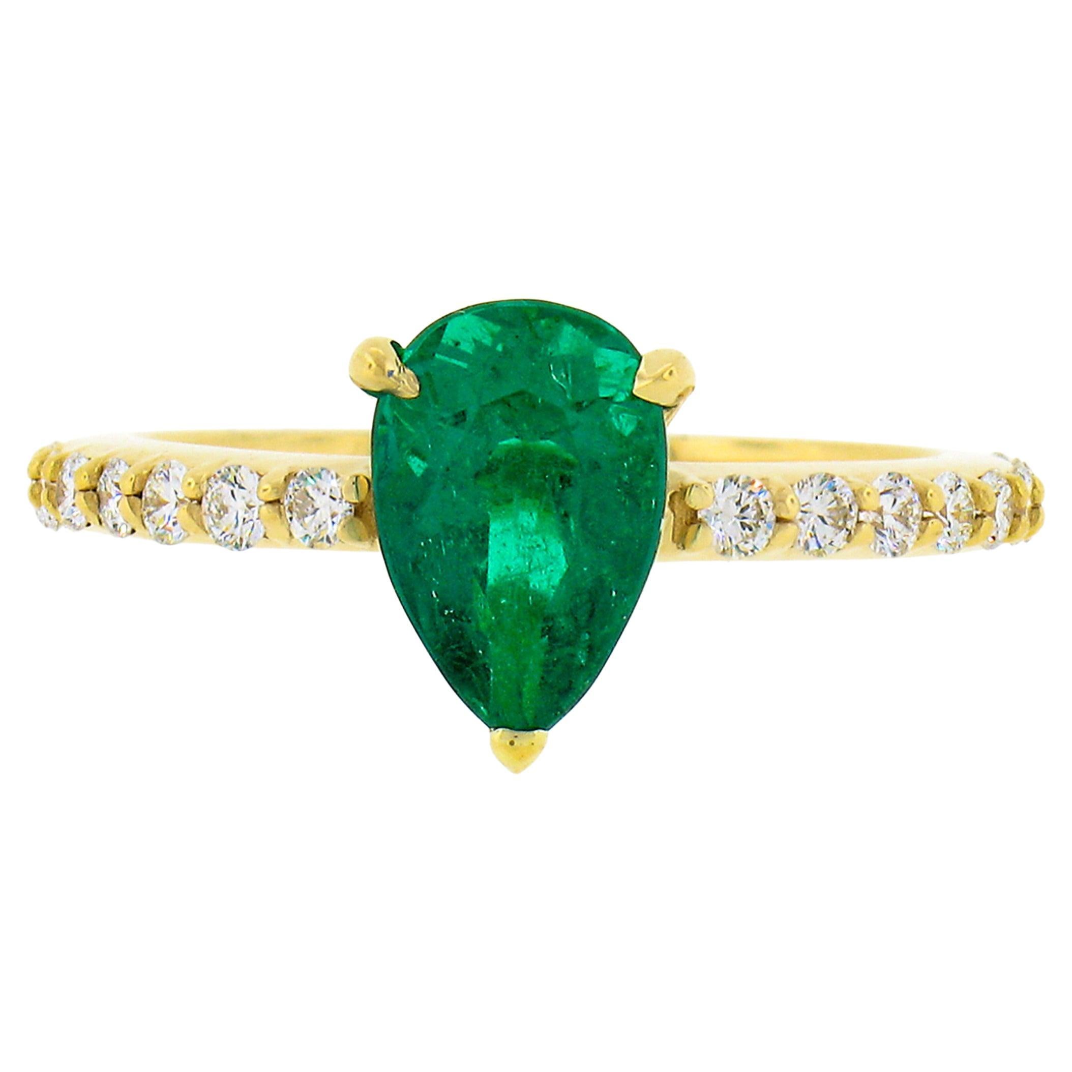 New 18K Yellow Gold 1.88ct SSEF Pear Emerald Solitaire & Diamond Engagement Ring For Sale