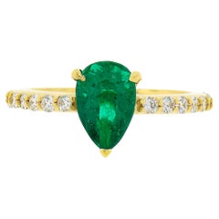 New 18K Yellow Gold 1.88ct SSEF Pear Emerald Solitaire & Diamond Engagement Ring