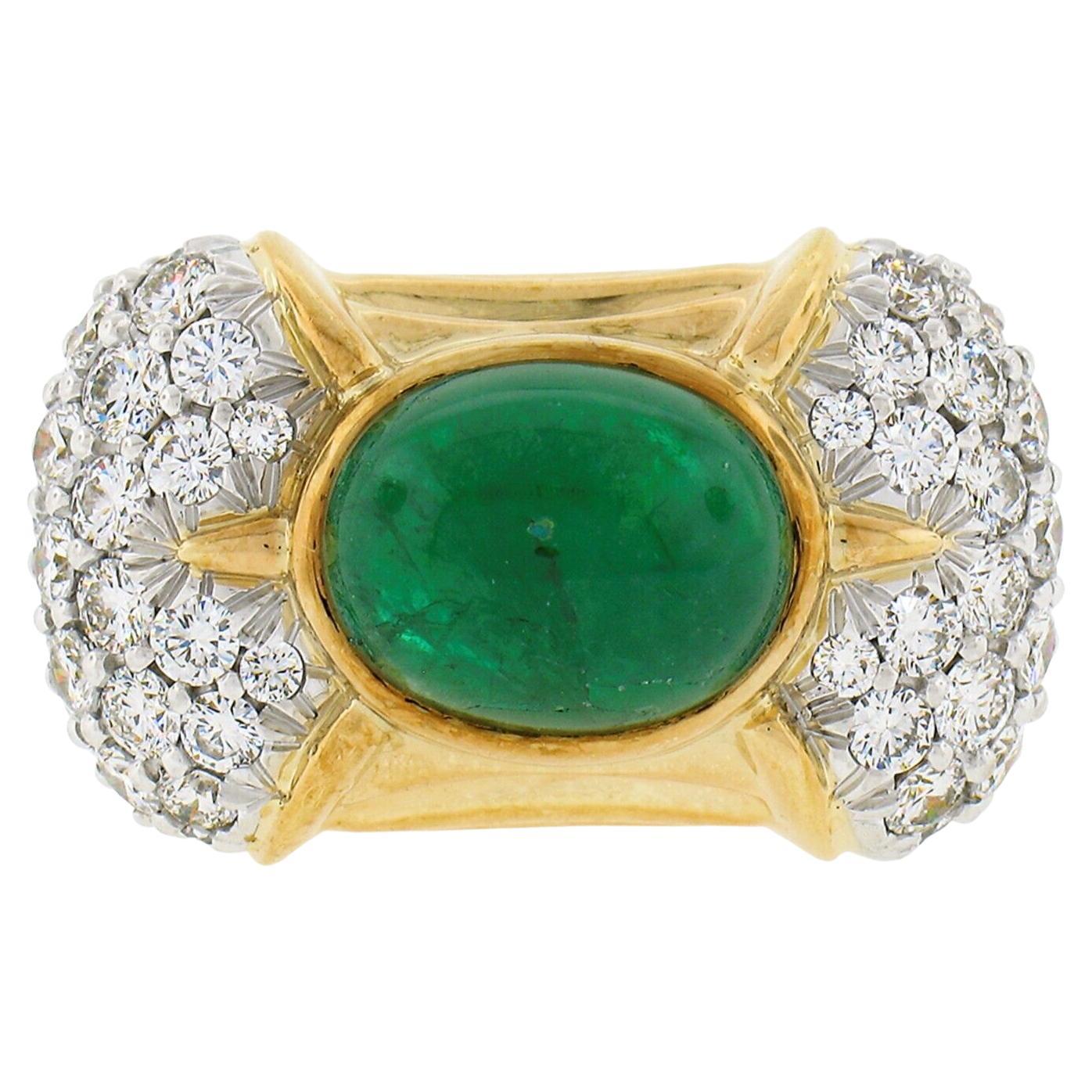 18K Gold 7.31ctw GIA Oval Cabochon Bezel Emerald & Pave Diamond Cocktail Ring For Sale