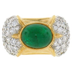 Retro 18K Gold 7.31ctw GIA Oval Cabochon Bezel Emerald & Pave Diamond Cocktail Ring