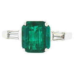 Vintage 14K Gold 2.01ctw SSEF Colombian Emerald & Baguette Diamond 3 Stone Ring