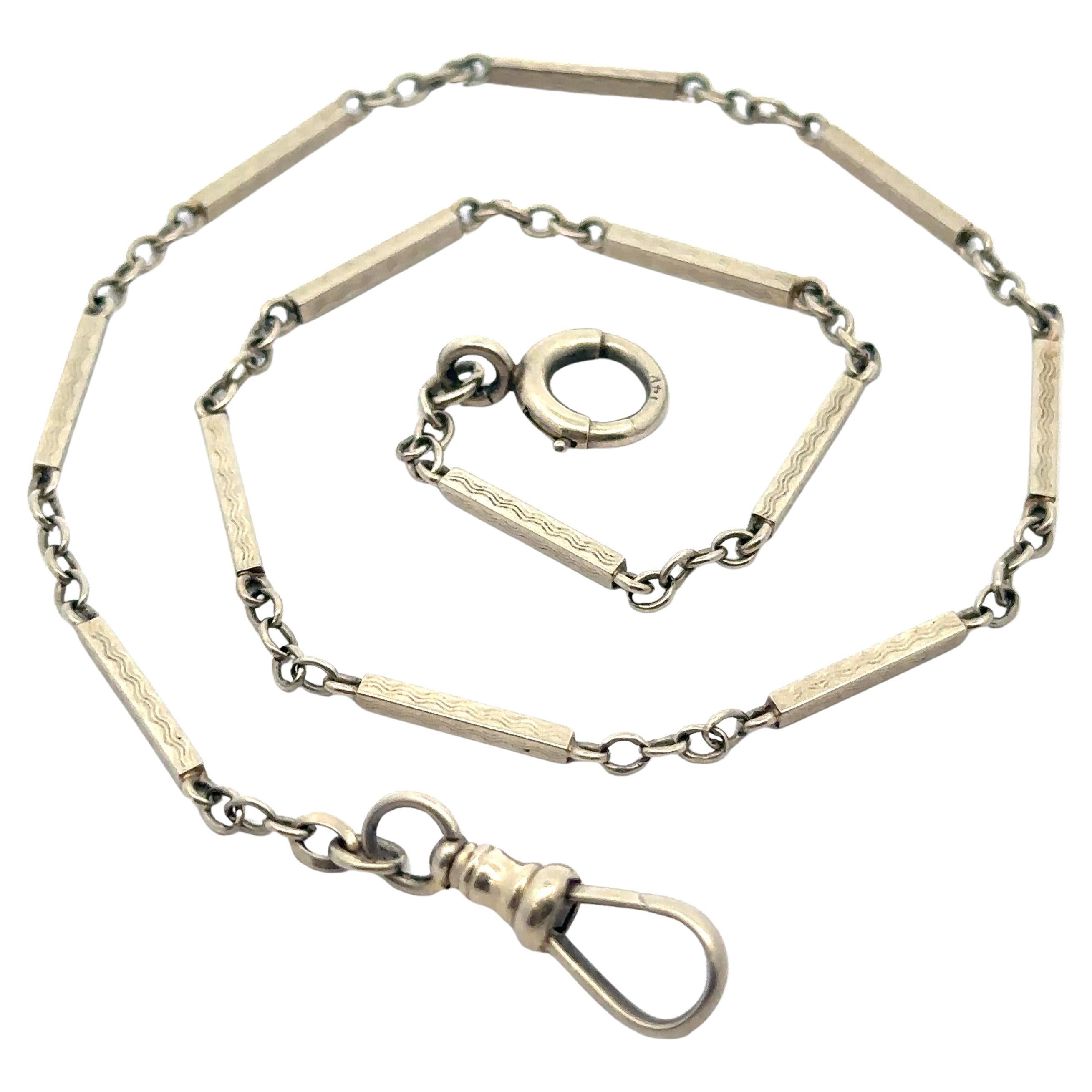 Antique Art Deco 14k White Gold Engraved Squared Boxy Pocket Watch Chain Link