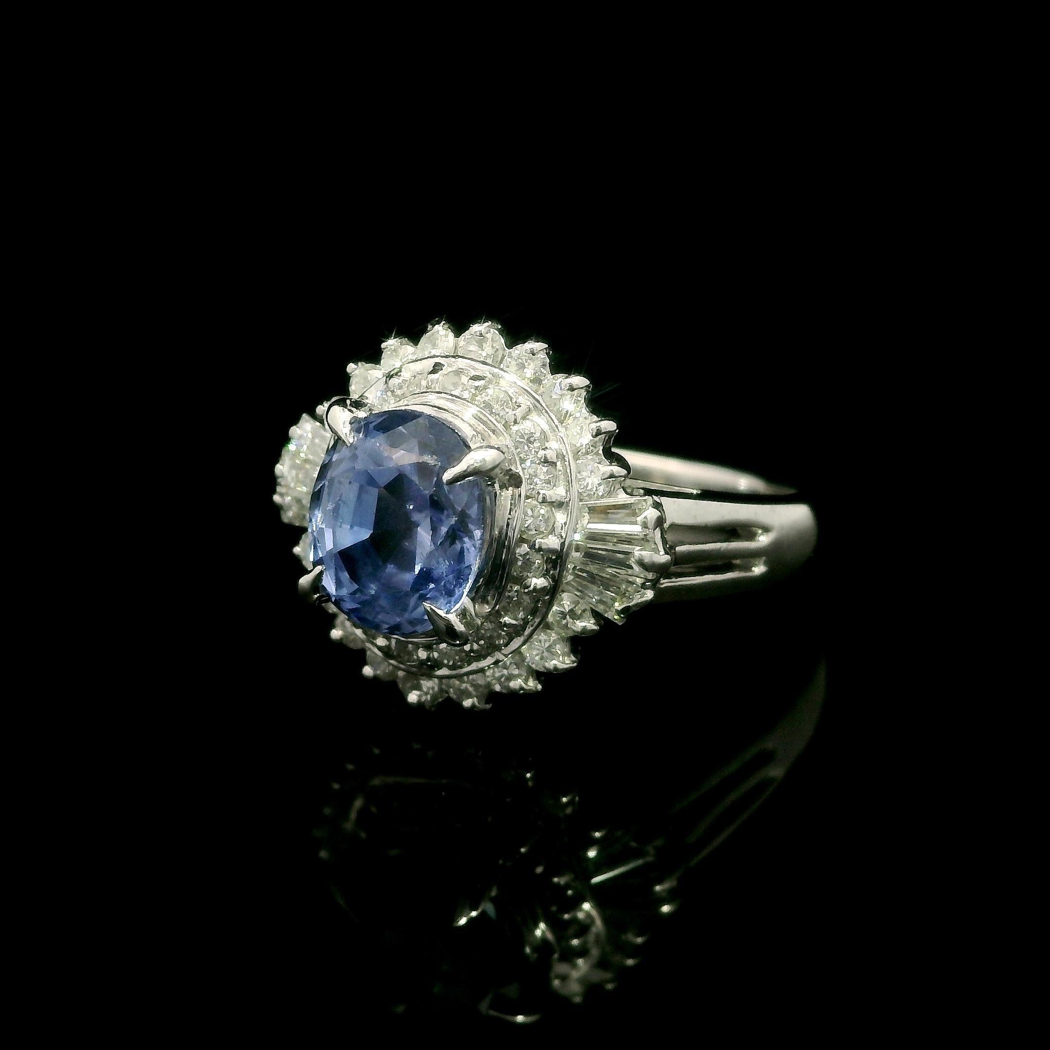Platinum GIA 2.56ctw No Heat Periwinkle Blue Sapphire & Diamond Ballerina Ring For Sale 1