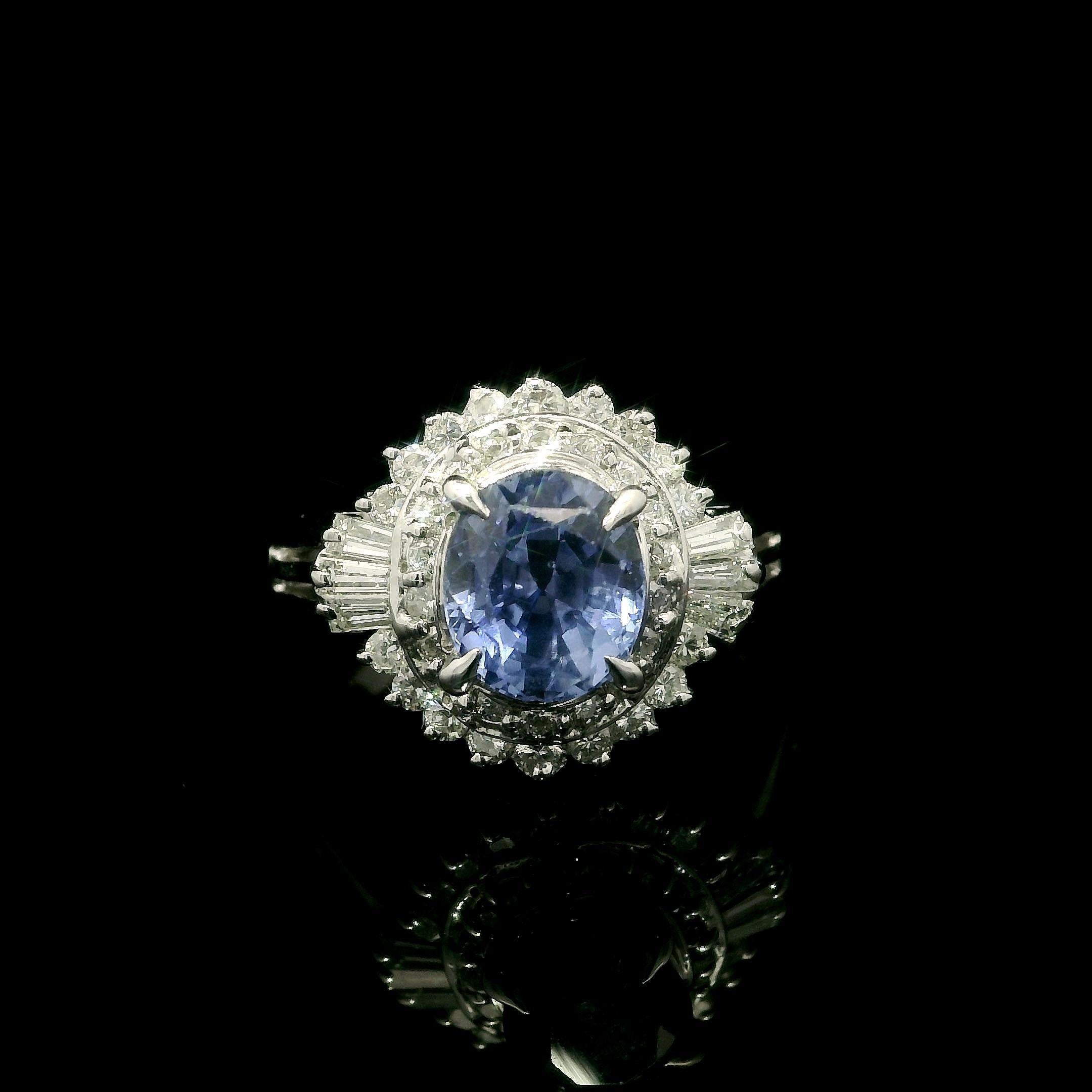 Platinum GIA 2.56ctw No Heat Periwinkle Blue Sapphire & Diamond Ballerina Ring In Excellent Condition For Sale In Montclair, NJ