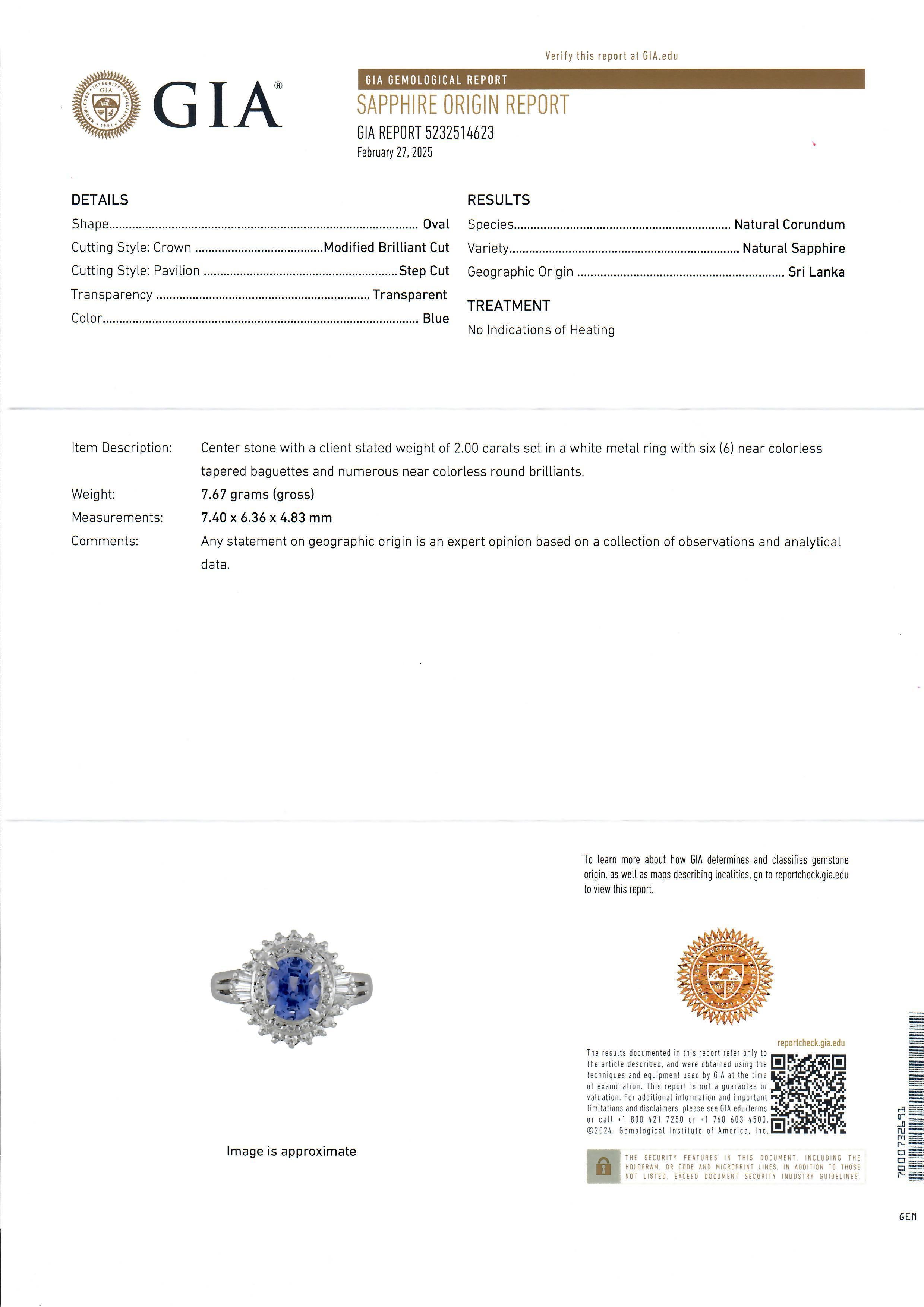 --Stone(s):--
(1) Natural Genuine Sapphire - Oval Cut - Prong Set - Periwinkle Blue Color - Ceylon - No Heat - Eye Clean- 2.0ct (exact stamped)
** See Certification Details Below for Complete Info **
Numerous Natural Genuine Diamonds -Baguette &