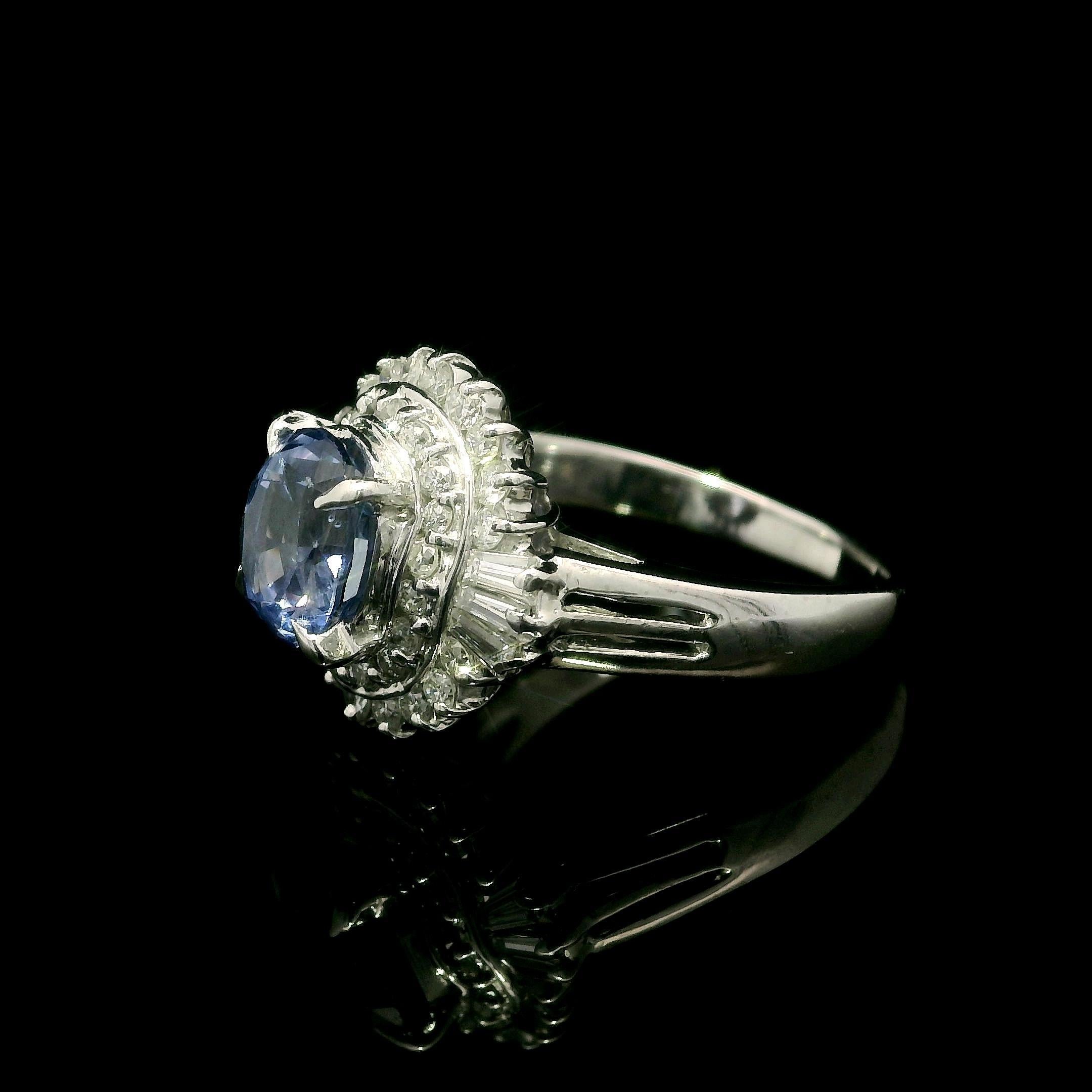 Platinum GIA 2.56ctw No Heat Periwinkle Blue Sapphire & Diamond Ballerina Ring For Sale 2
