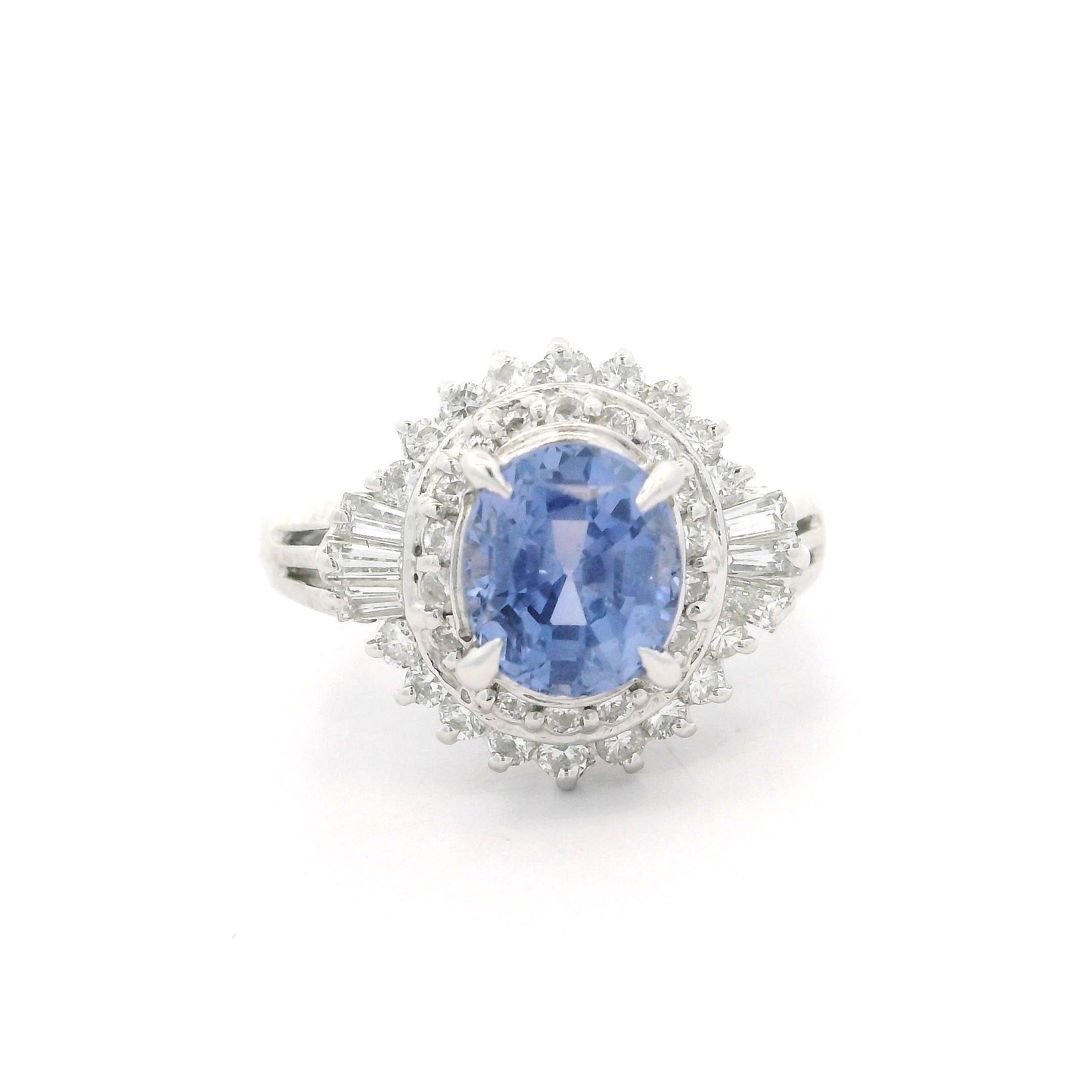 Platinum GIA 2.56ctw No Heat Periwinkle Blue Sapphire & Diamond Ballerina Ring For Sale 4