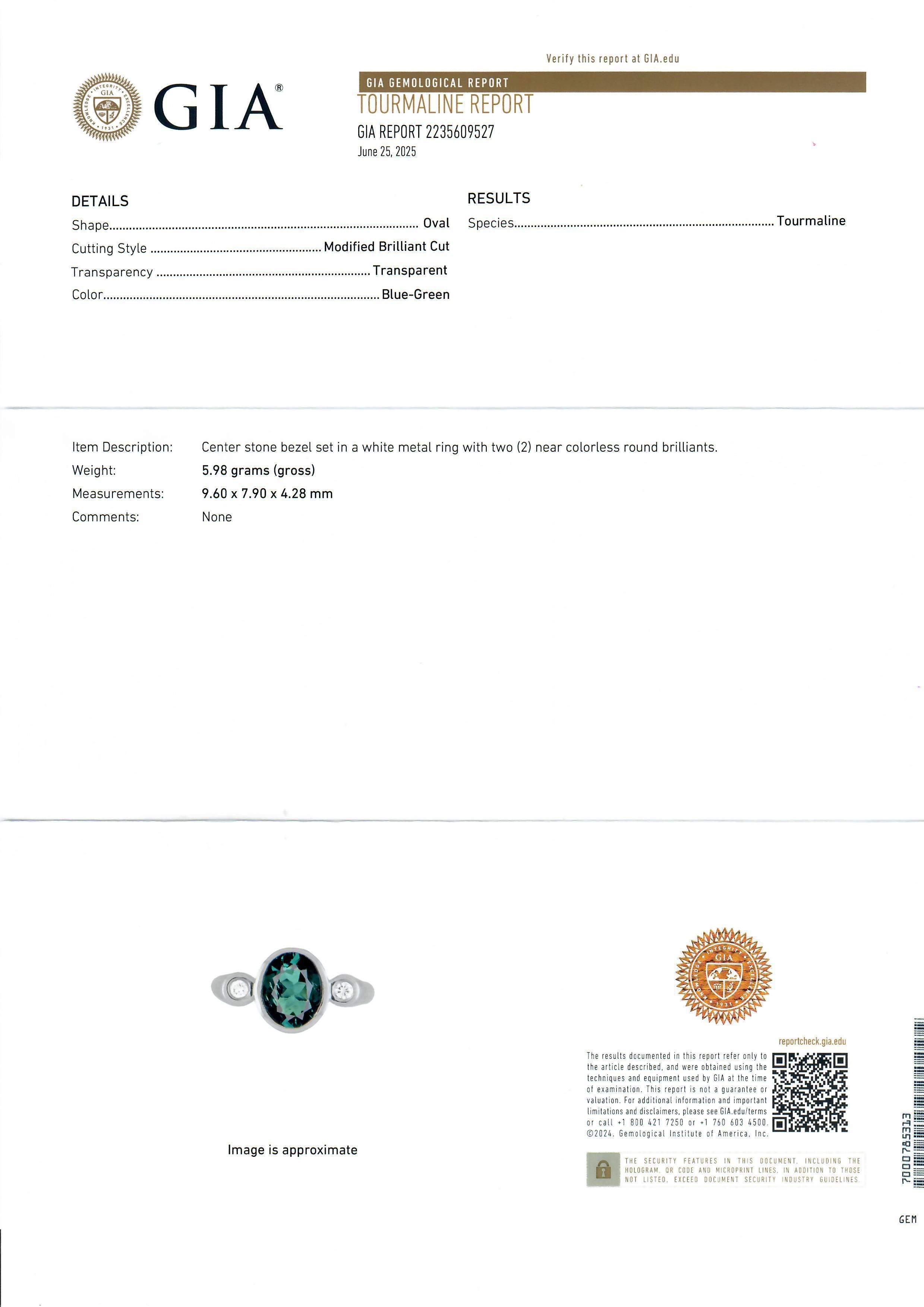 Anello in oro bianco 18k GIA con castone da 2,14 ct. con tormalina verde blu e diamanti ai lati in vendita 4