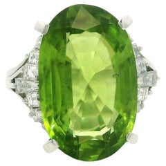 Vintage Platinum 10.47ctw Large Old Cut Oval Peridot w/ Diamond Ring
