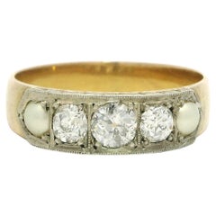 Antique Edwardian Gold & Silver Old Diamond w/ Pearls Hand Engraved Band Ring
