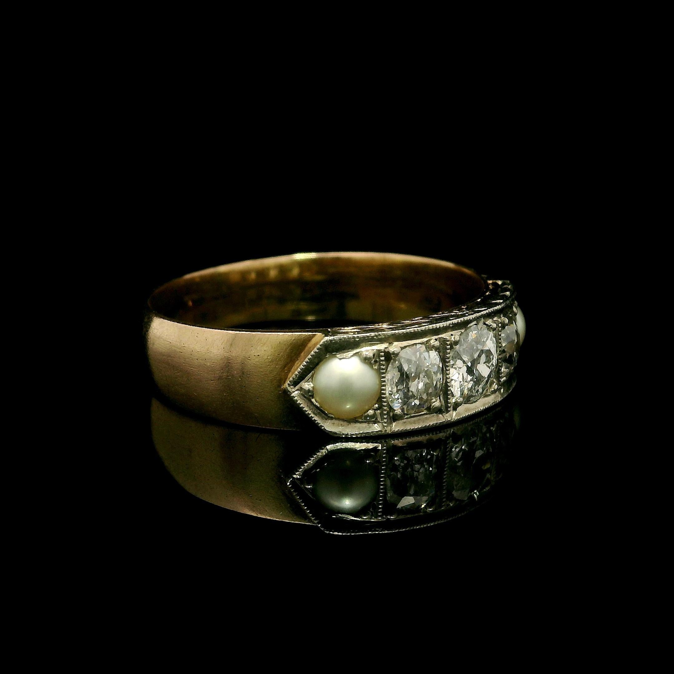 Antike Edwardian Gold & Silber Old Diamond w / Perlen Hand graviert Band Ring im Zustand „Gut“ im Angebot in Montclair, NJ
