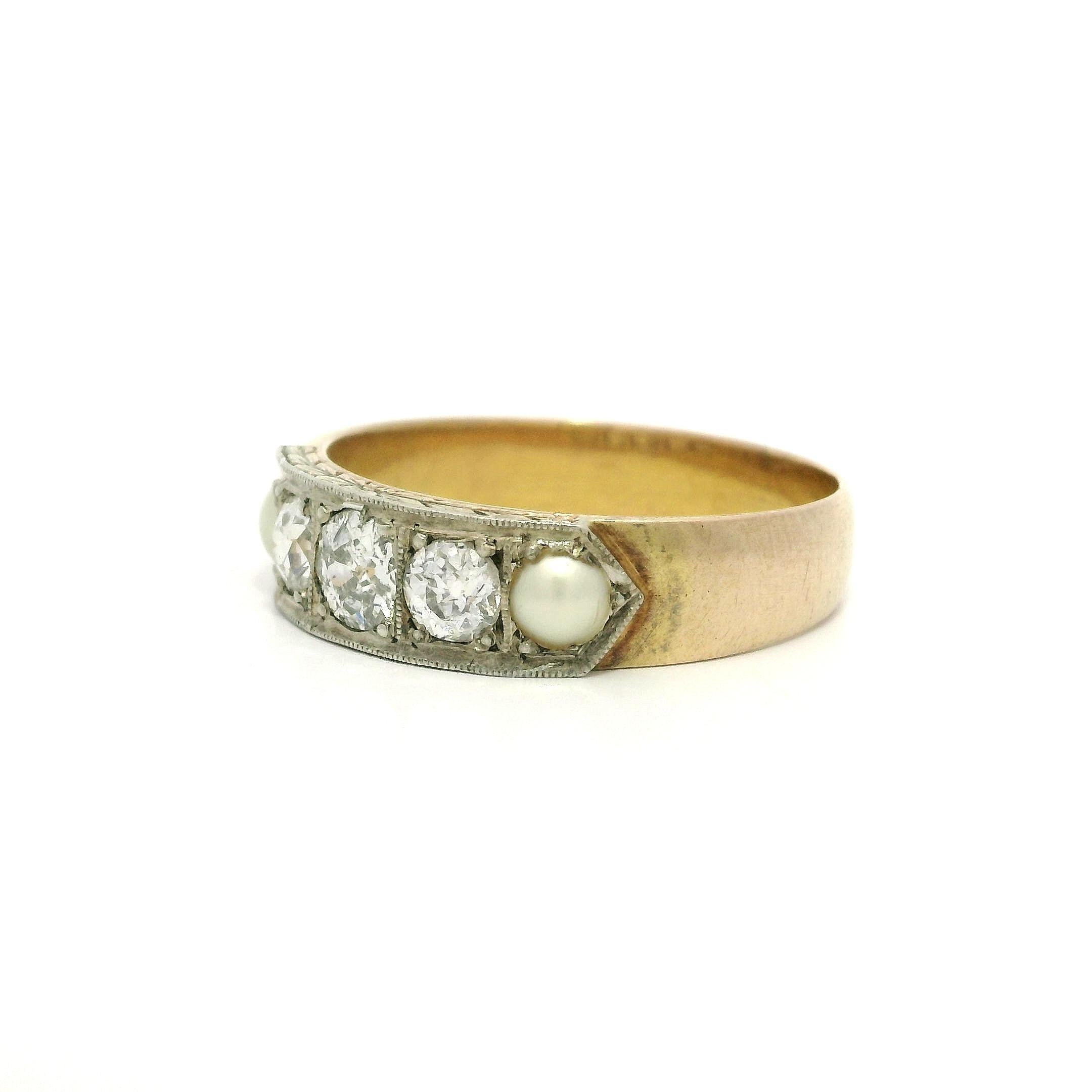 Antike Edwardian Gold & Silber Old Diamond w / Perlen Hand graviert Band Ring Damen im Angebot