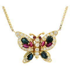Vintage Yellow Gold Sapphire Ruby Diamond Detailed Butterfly Pendant Necklace