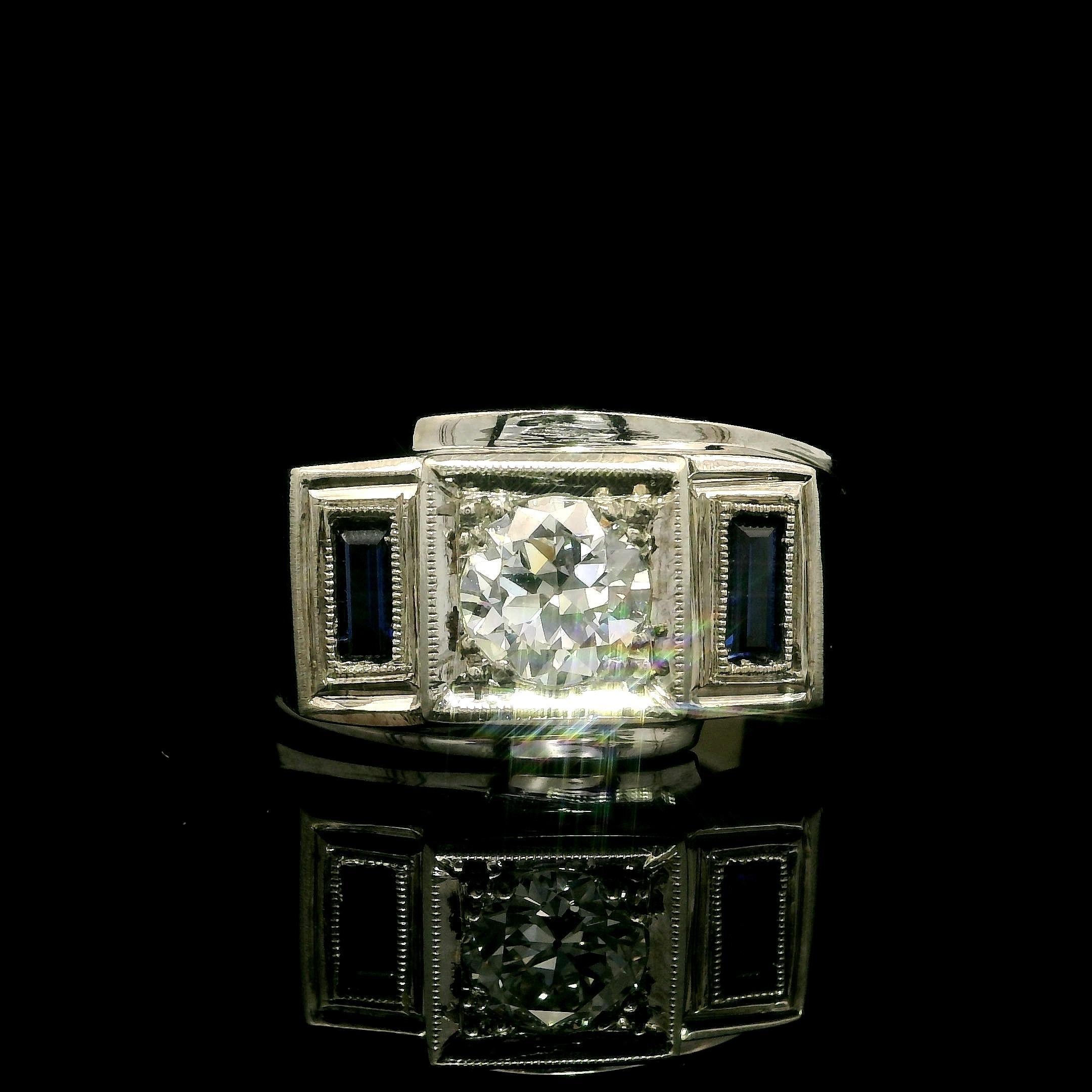 Taglio antico europeo Anello antico Art Deco da uomo in oro GIA 1,02ct con diamante vecchio e incandescente spazzolato in vendita