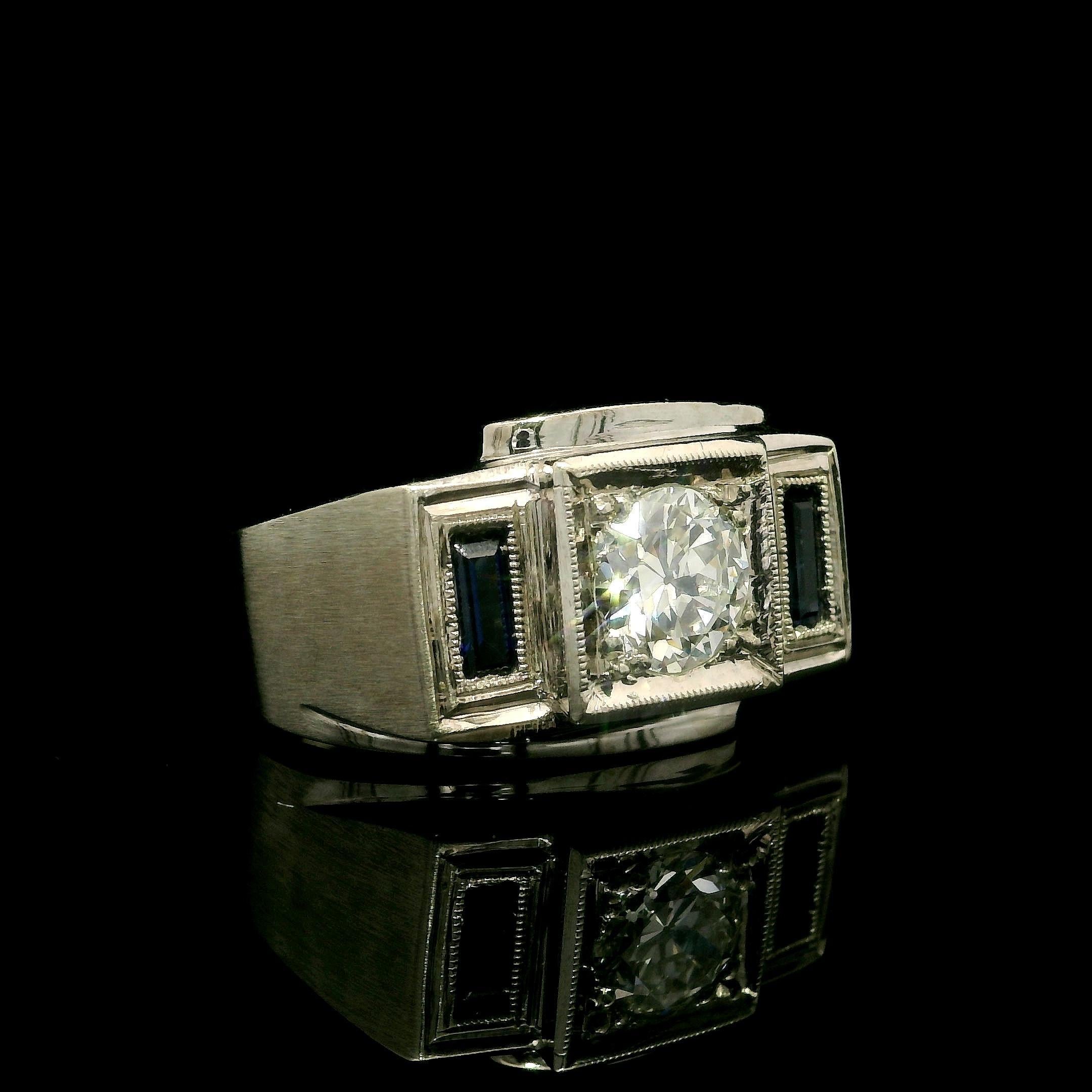 Anello antico Art Deco da uomo in oro GIA 1,02ct con diamante vecchio e incandescente spazzolato In condizioni ottime in vendita a Montclair, NJ