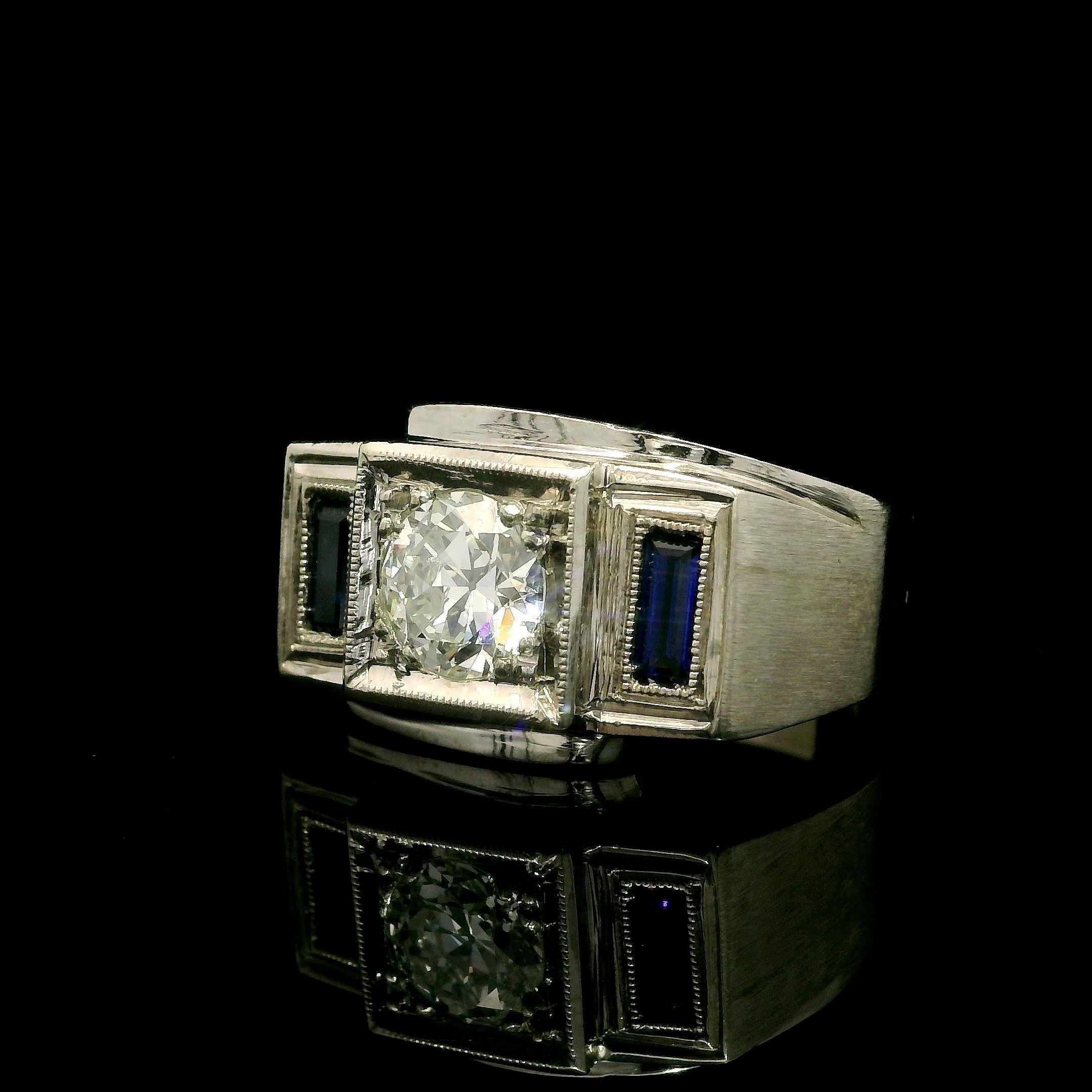 Uomo Anello antico Art Deco da uomo in oro GIA 1,02ct con diamante vecchio e incandescente spazzolato in vendita