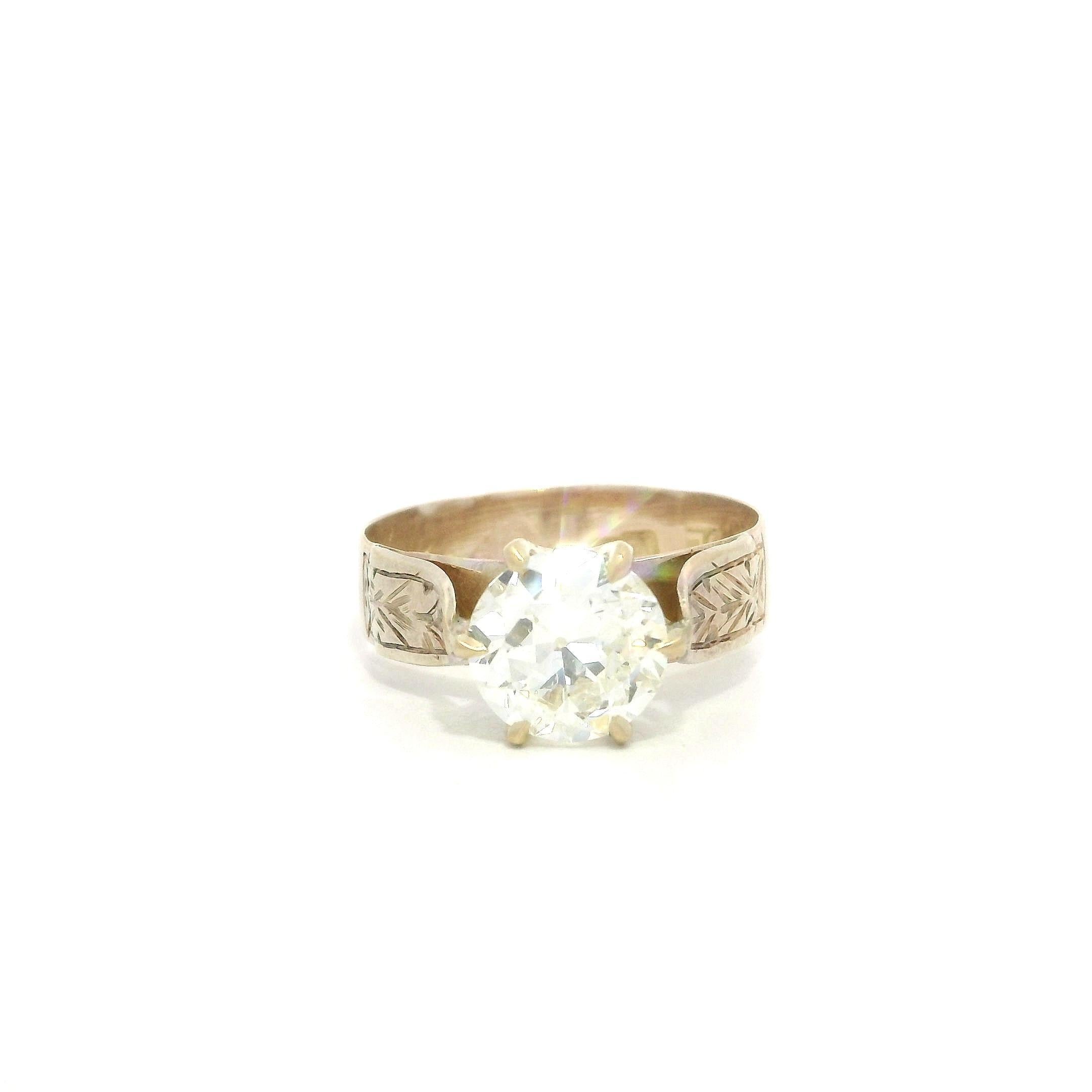 Bague de fiançailles ancienne en or victorien GIA 1,46ct diamant taille ancienne gravé à la main en vente