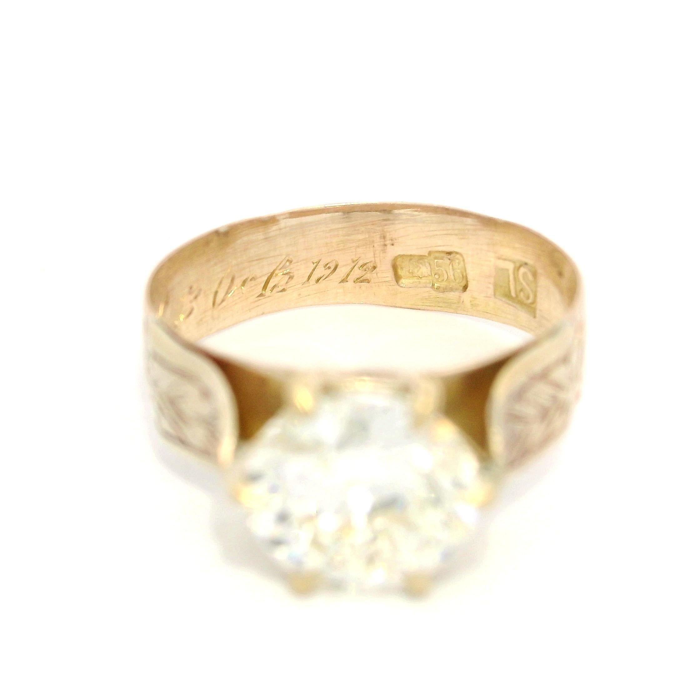 Bague de fiançailles ancienne en or victorien GIA 1,46ct diamant taille ancienne gravé à la main en vente 1