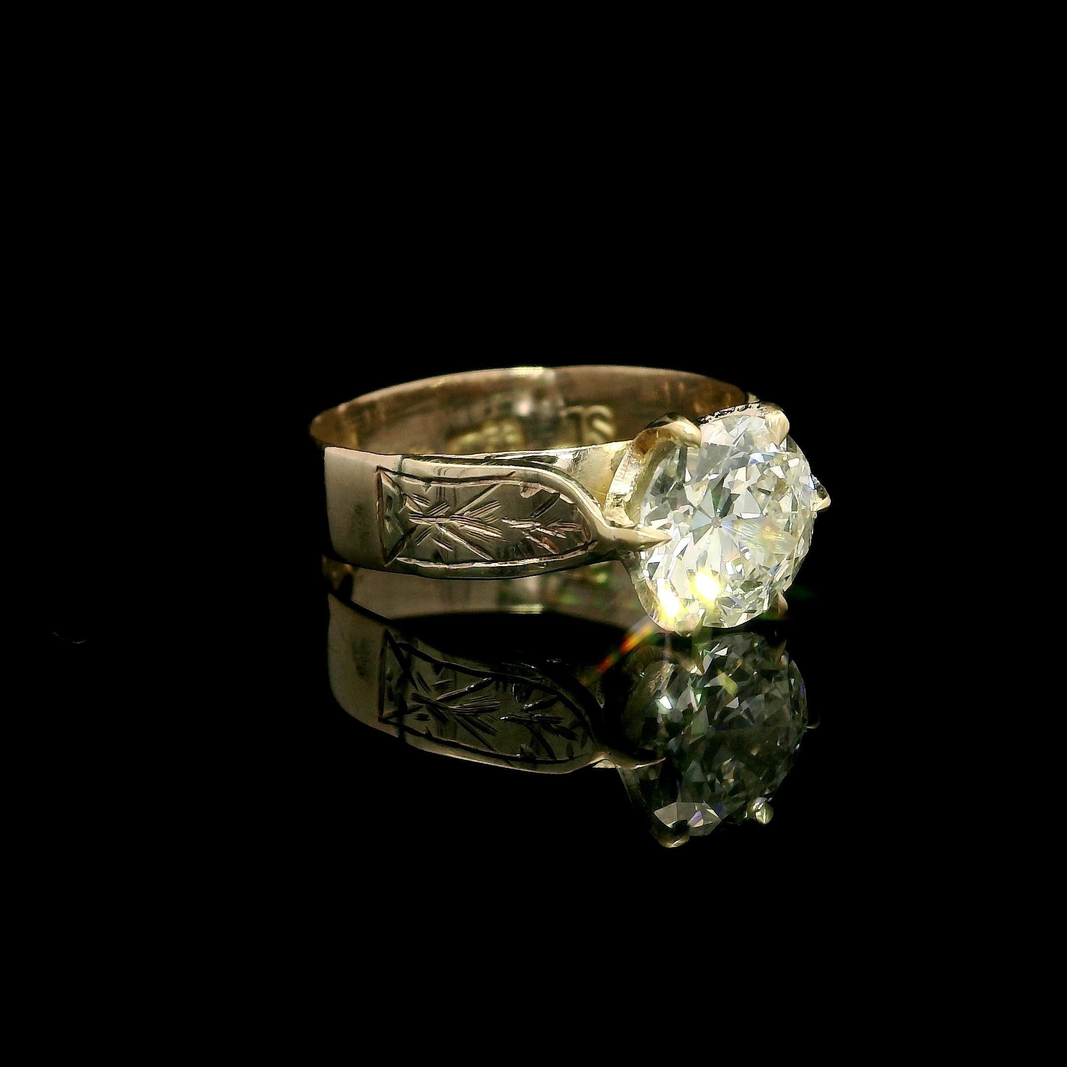 Bague de fiançailles ancienne en or victorien GIA 1,46ct diamant taille ancienne gravé à la main Bon état - En vente à Montclair, NJ