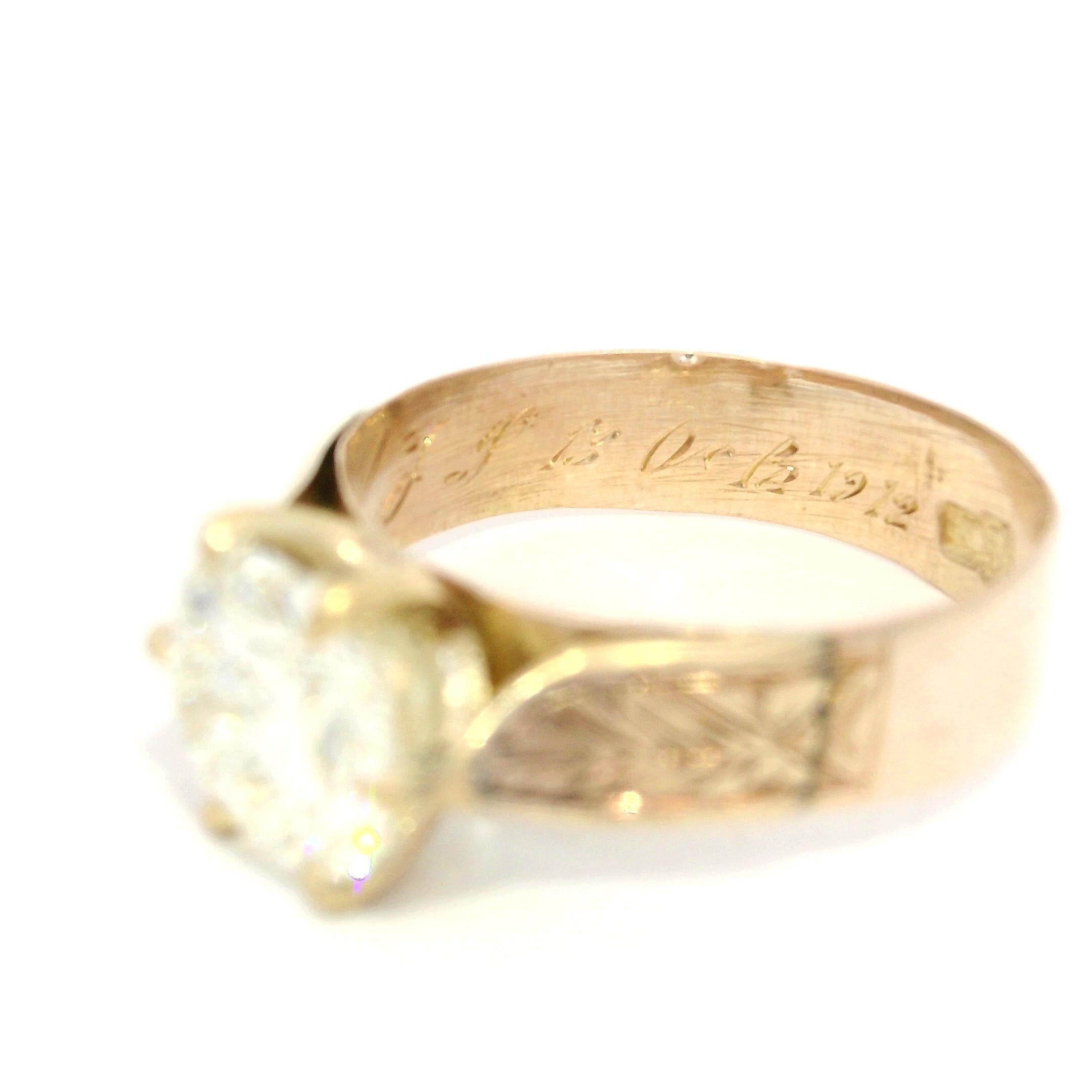 Bague de fiançailles ancienne en or victorien GIA 1,46ct diamant taille ancienne gravé à la main en vente 2