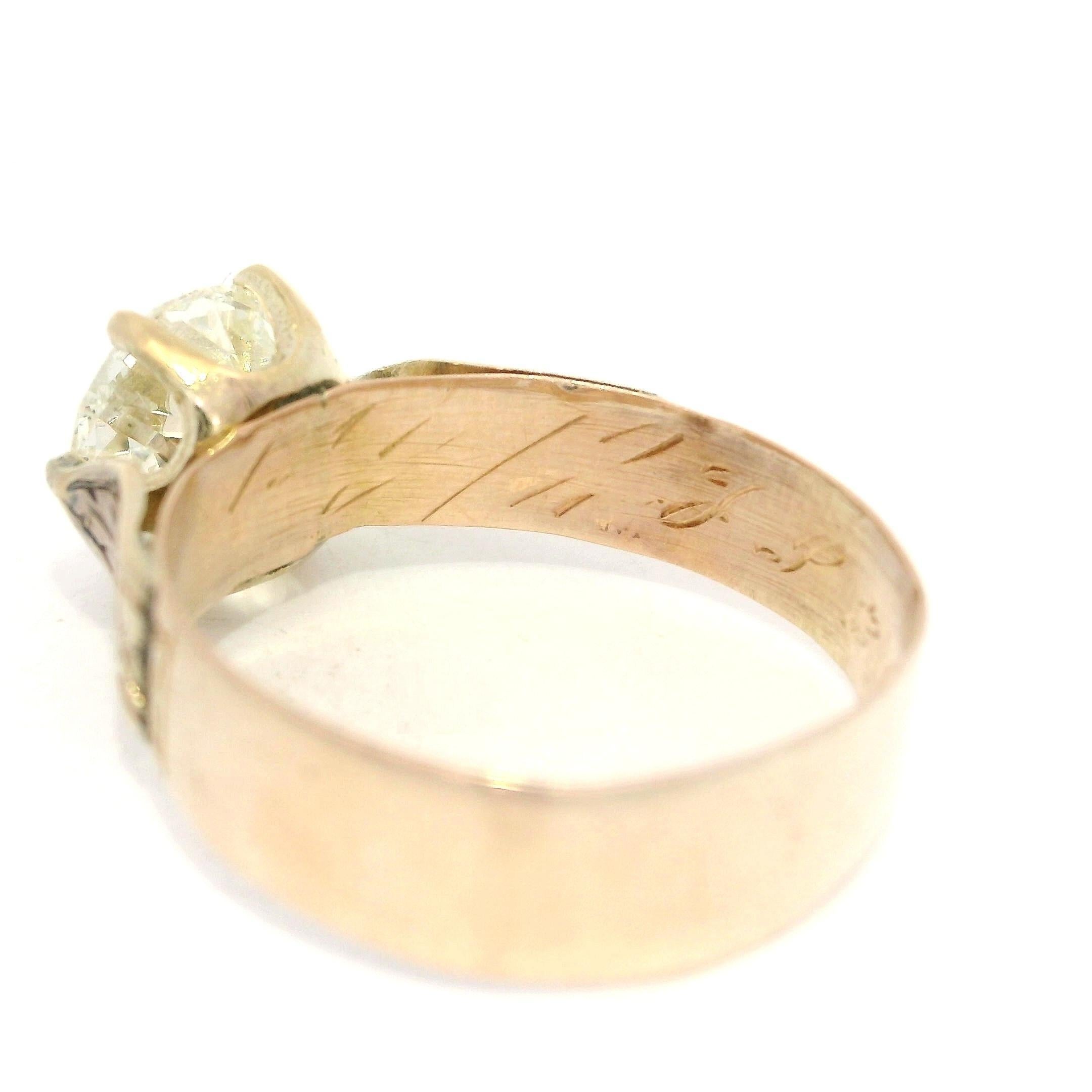 Bague de fiançailles ancienne en or victorien GIA 1,46ct diamant taille ancienne gravé à la main en vente 3