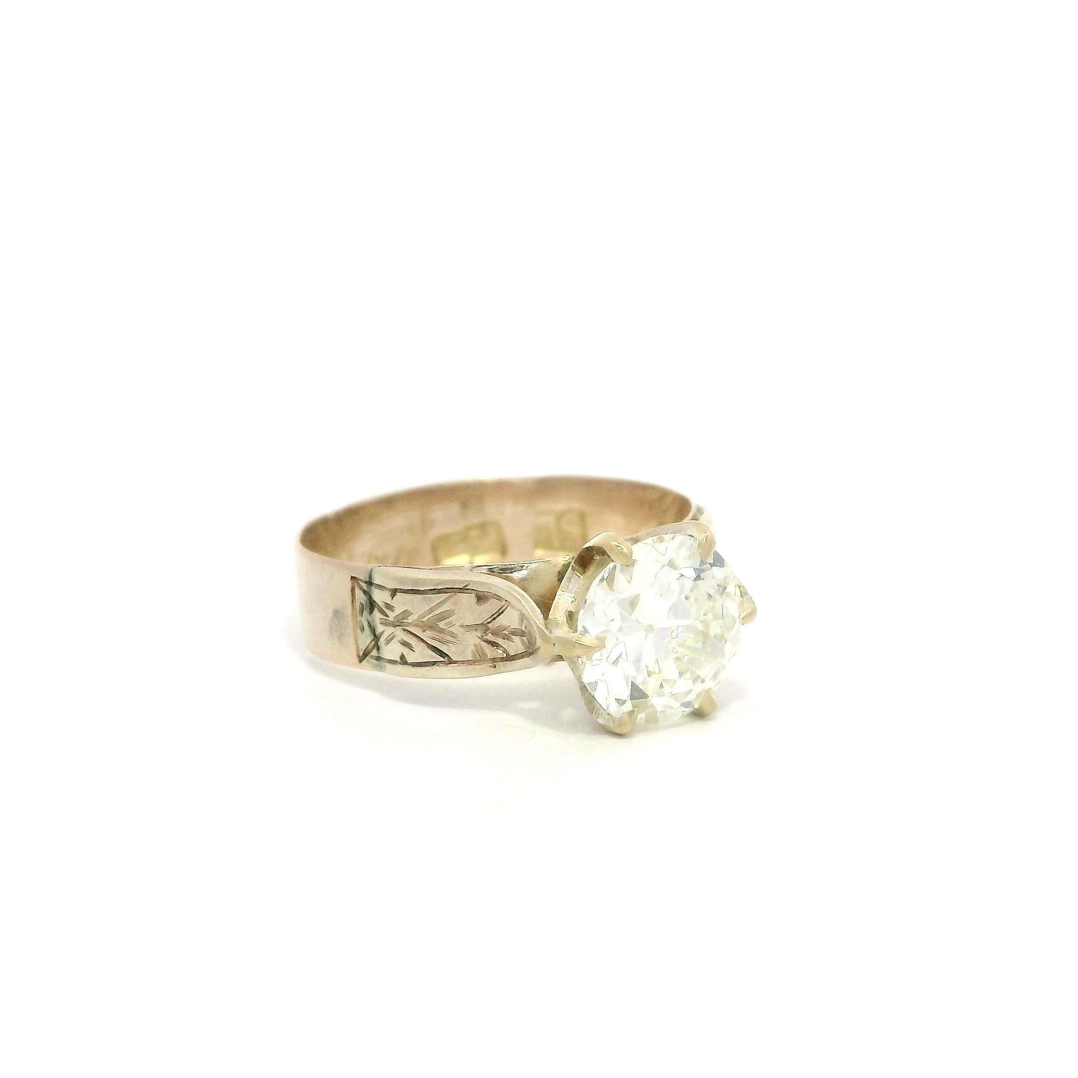 Bague de fiançailles ancienne en or victorien GIA 1,46ct diamant taille ancienne gravé à la main en vente 14